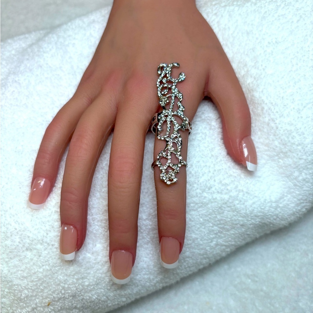 Statement Full Finger Rhinestone Armor Ring - Adjustable Silver Tone